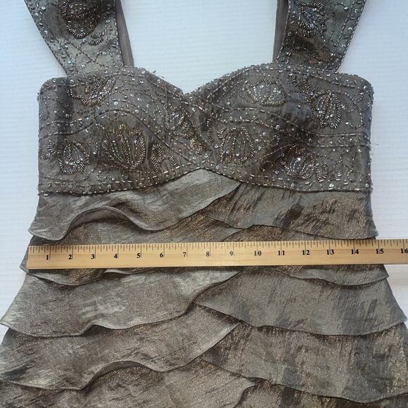Ignite Evenings Sz 6 Mermaid Sequined Layered Dress Taupe Beaded Mini Gold FLAW - Picture 7 of 14